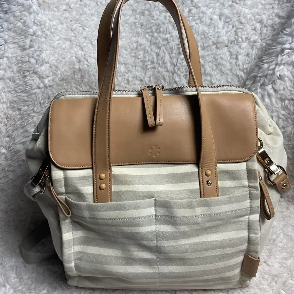 Skip Hop High line convertible Diaper Bag Beige & gray canvas tan leather straps